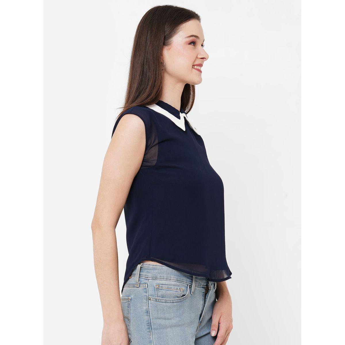بلوزة بلا اكمام مع ياقة بتفاصيل مُتباينة ميش × ستايلي-women-clothing-shirtsandblouses-blouses-image-5