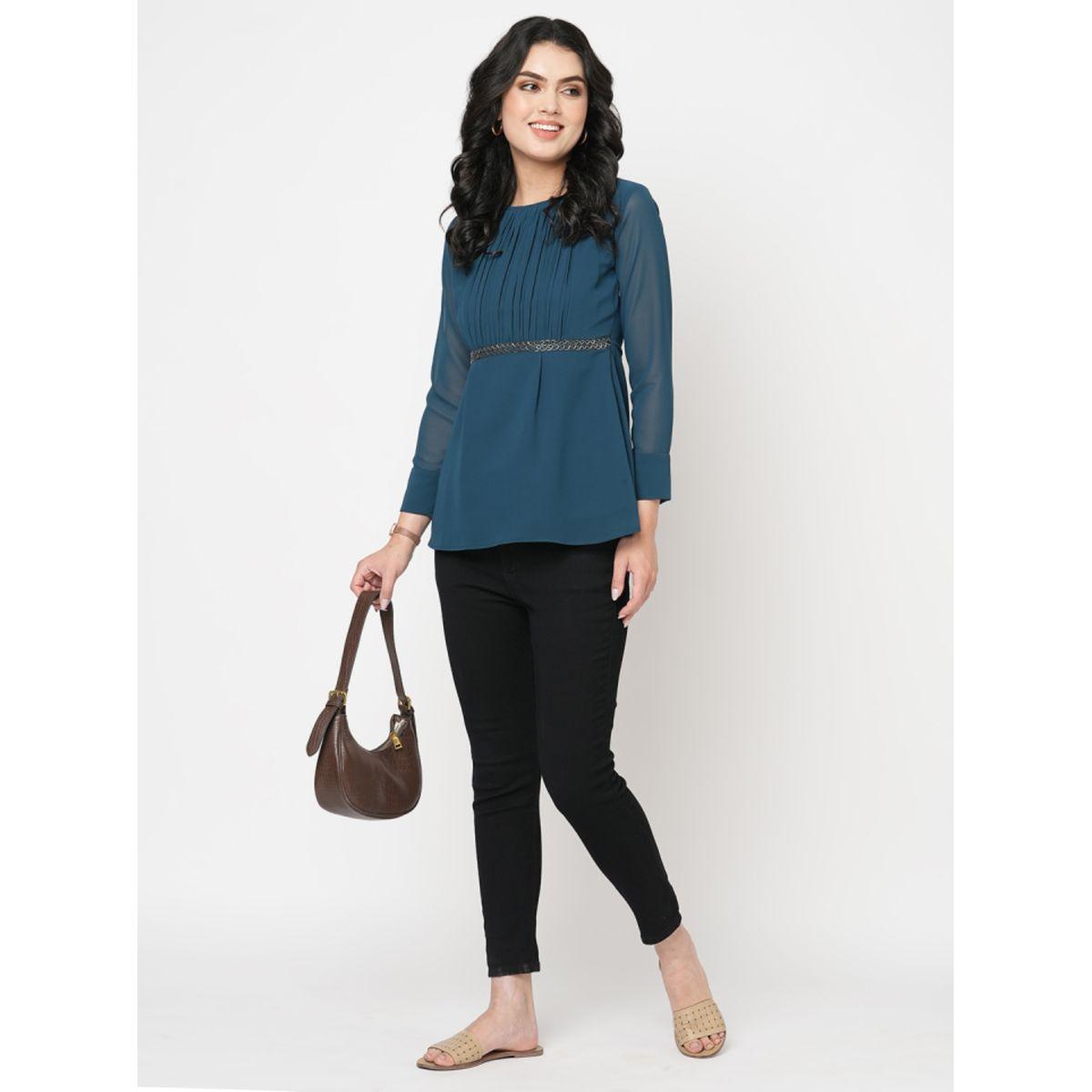 Mish X Styli  Pleated Round Neck Top with Embellished Waist-women-clothing-shirtsandblouses-blouses-image-1