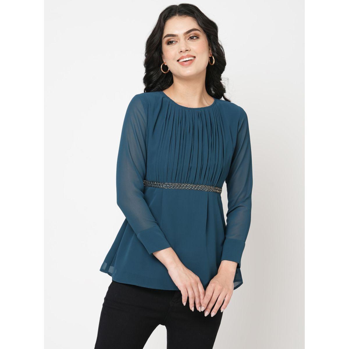 Mish X Styli  Pleated Round Neck Top with Embellished Waist-women-clothing-shirtsandblouses-blouses-image-3