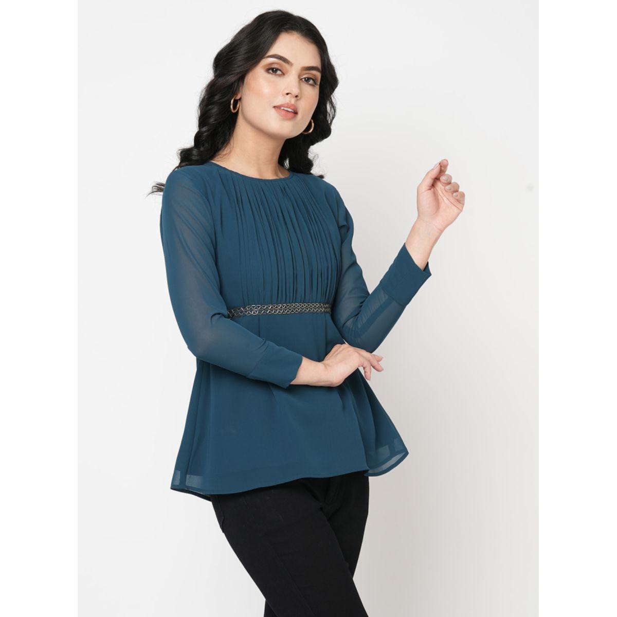 Mish X Styli  Pleated Round Neck Top with Embellished Waist-women-clothing-shirtsandblouses-blouses-image-4