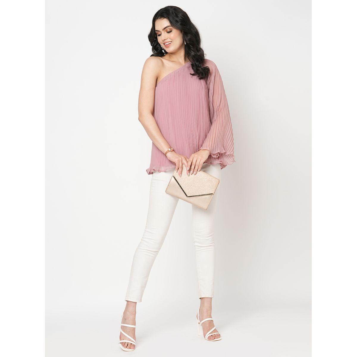 بلوزة مزينة بكسرات مع كتف واحد ميش × ستايلي-women-clothing-shirtsandblouses-blouses-image-1