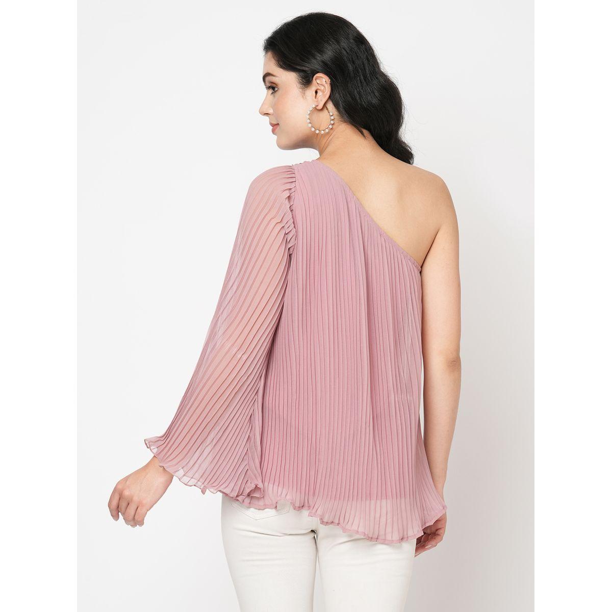 بلوزة مزينة بكسرات مع كتف واحد ميش × ستايلي-women-clothing-shirtsandblouses-blouses-image-2