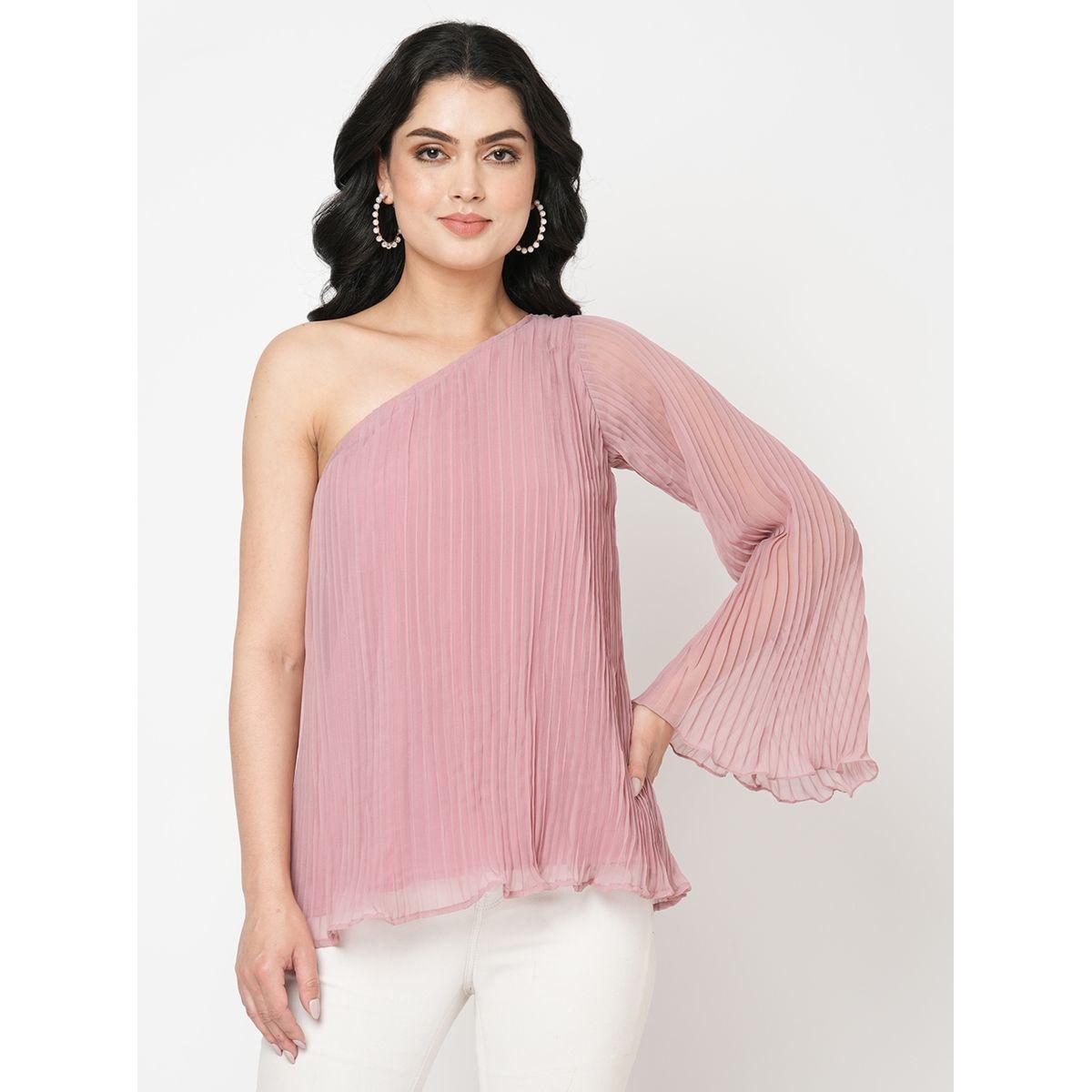 بلوزة مزينة بكسرات مع كتف واحد ميش × ستايلي-women-clothing-shirtsandblouses-blouses-image-3