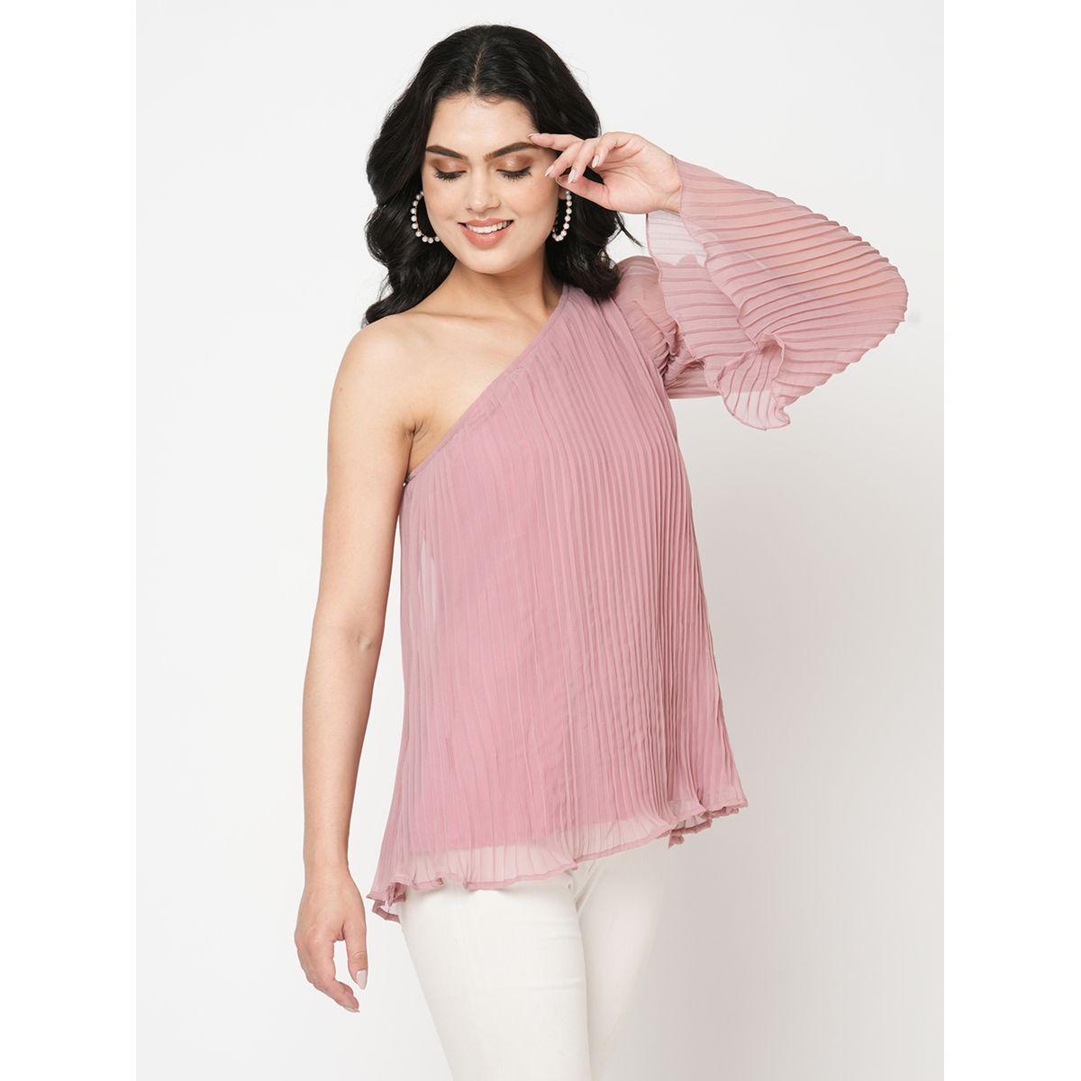 بلوزة مزينة بكسرات مع كتف واحد ميش × ستايلي-women-clothing-shirtsandblouses-blouses-image-4