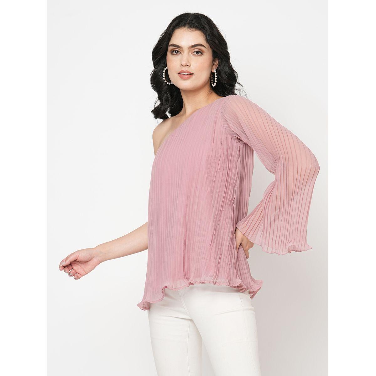 بلوزة مزينة بكسرات مع كتف واحد ميش × ستايلي-women-clothing-shirtsandblouses-blouses-image-5