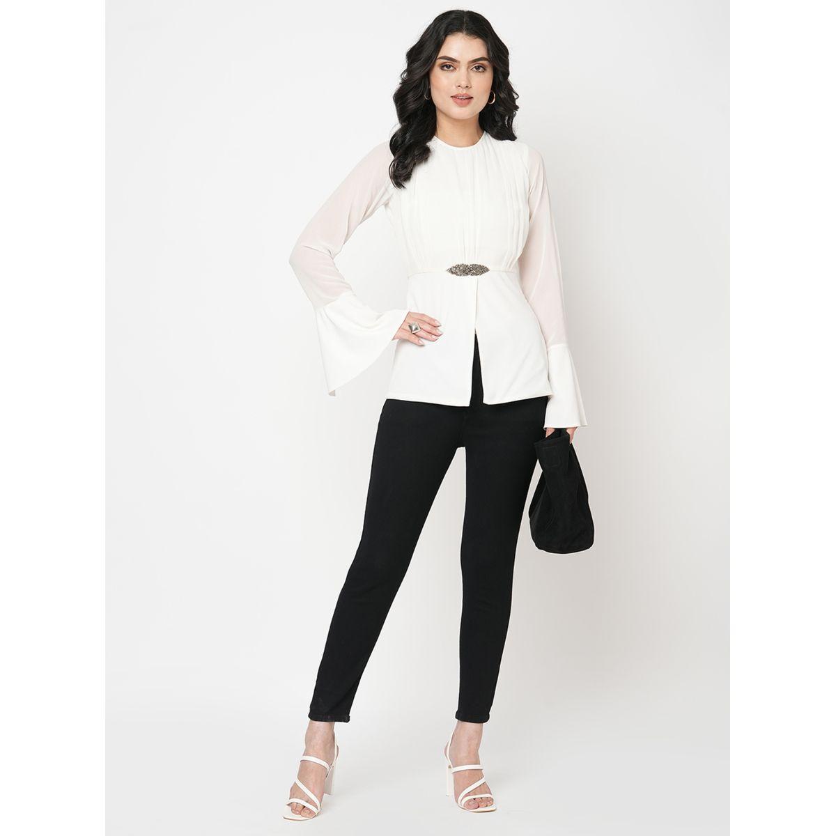 بلوزة بخصر منمق مع اكمام بنمط جرس ميش × ستايلي-women-clothing-shirtsandblouses-blouses-image-1