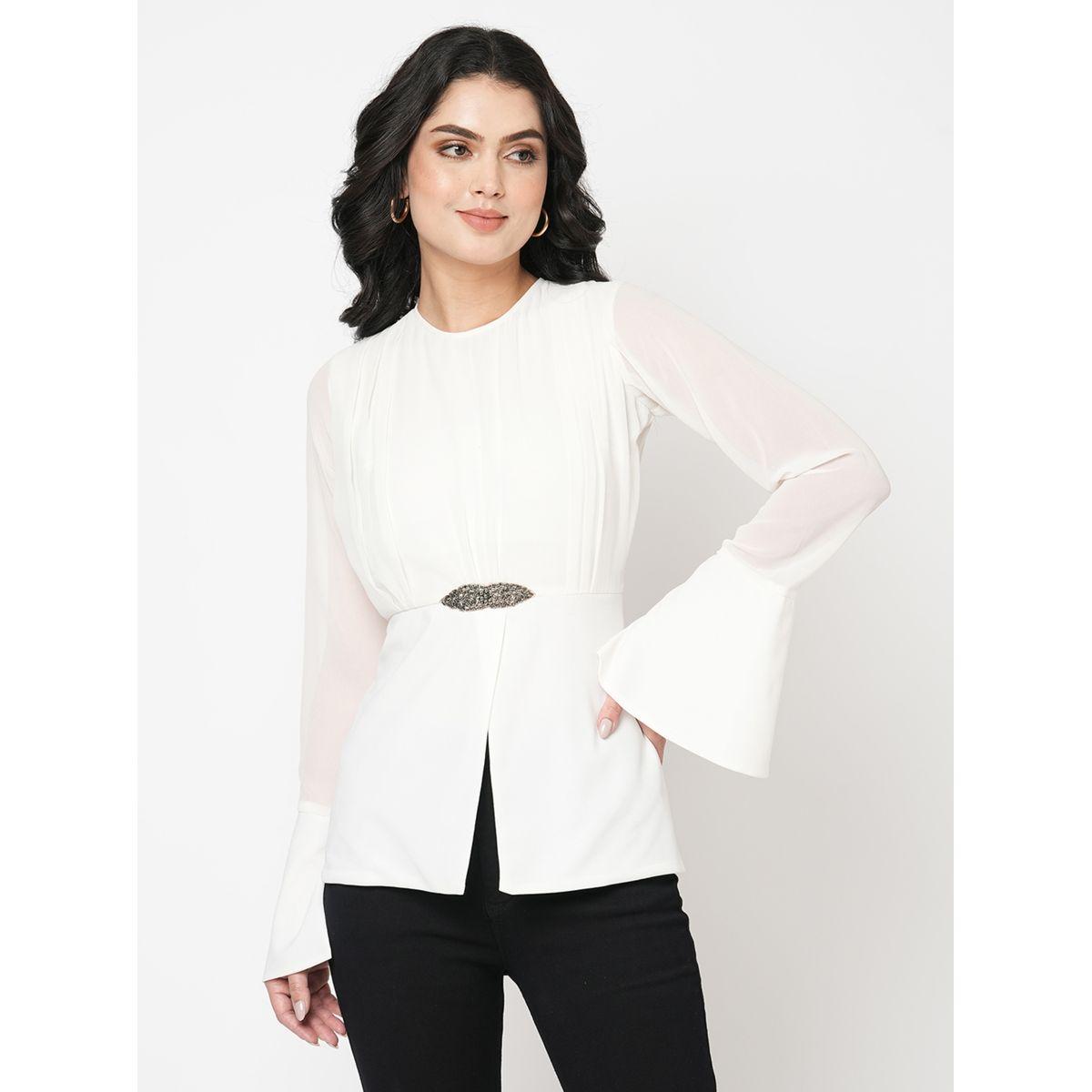 بلوزة بخصر منمق مع اكمام بنمط جرس ميش × ستايلي-women-clothing-shirtsandblouses-blouses-image-3