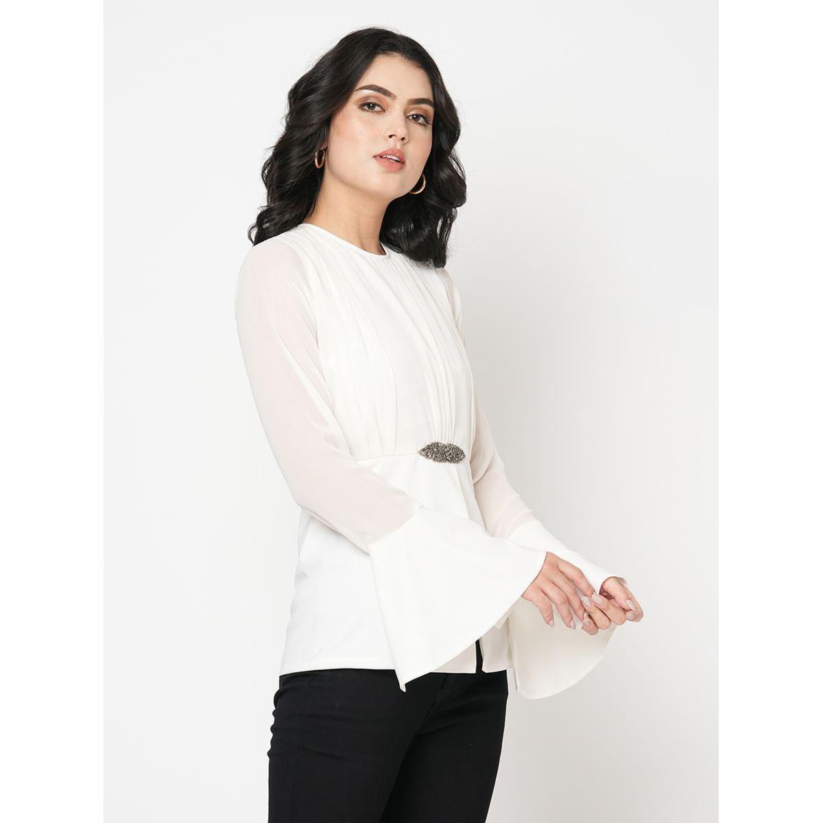 بلوزة بخصر منمق مع اكمام بنمط جرس ميش × ستايلي-women-clothing-shirtsandblouses-blouses-image-4