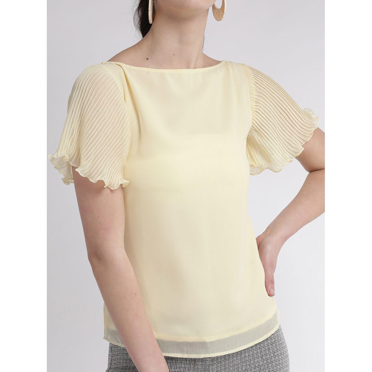 Mish X Styli  Solid Boat Neck Top with Pleated Sleeves-women-clothing-shirtsandblouses-blouses-image-4