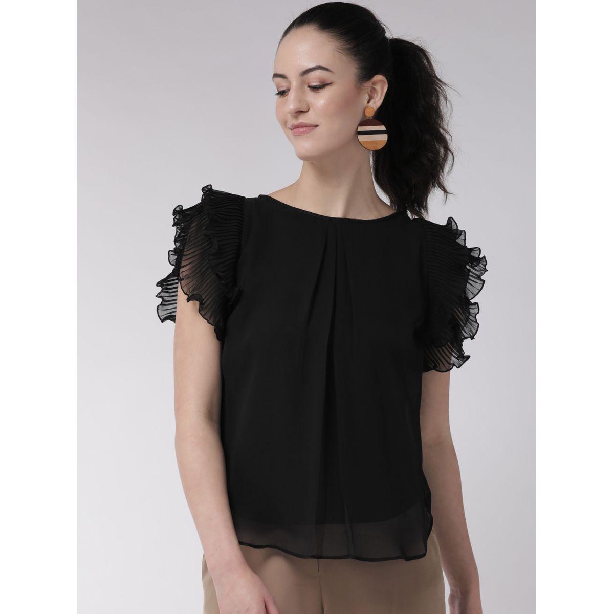 بلوزة سادة بحافة منحنية مع كشكش ميش × ستايلي-women-clothing-shirtsandblouses-blouses-image-2