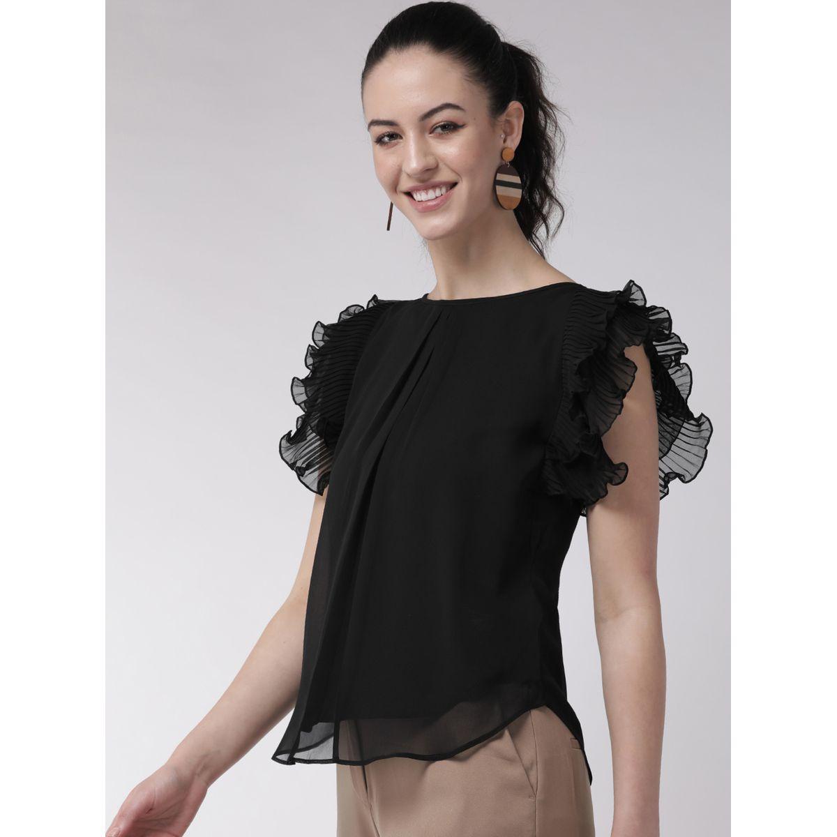 بلوزة سادة بحافة منحنية مع كشكش ميش × ستايلي-women-clothing-shirtsandblouses-blouses-image-4