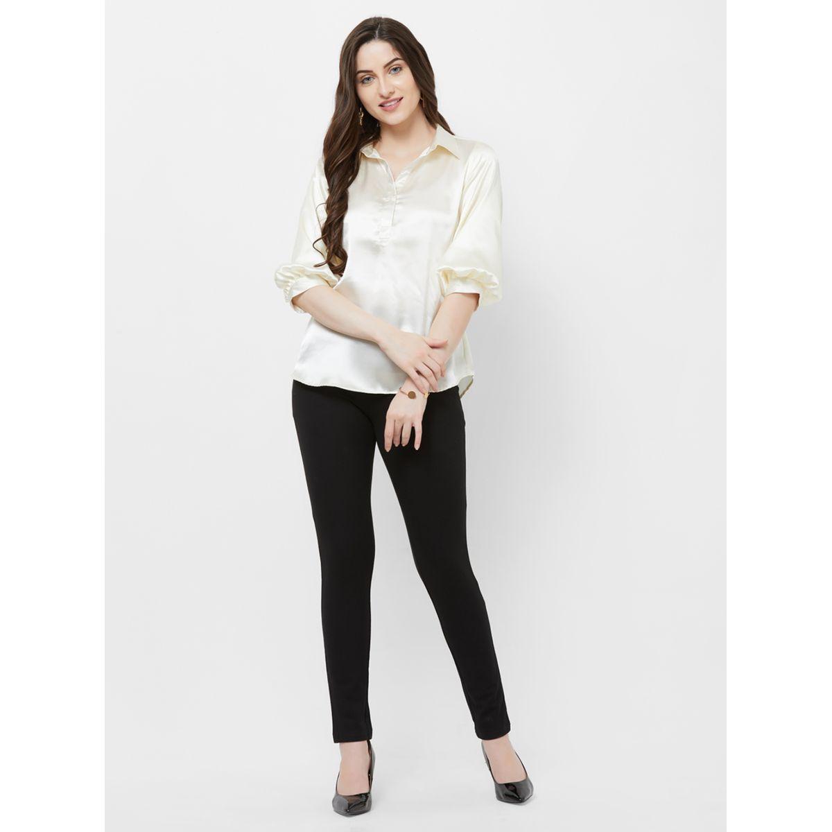 بلوزة سادة باكمام طويلة بنمط مكبل ميش × ستايلي-women-clothing-shirtsandblouses-shirts-image-1