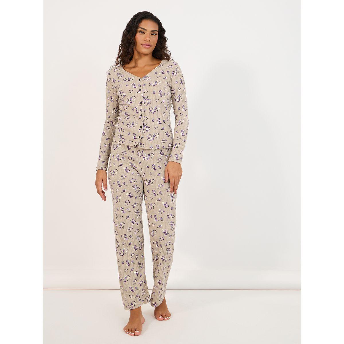 Styli All Over Floral Print Rib Shirt & Pyjama Set-women-clothing-nightwear-pyjamas-longsets-image-1