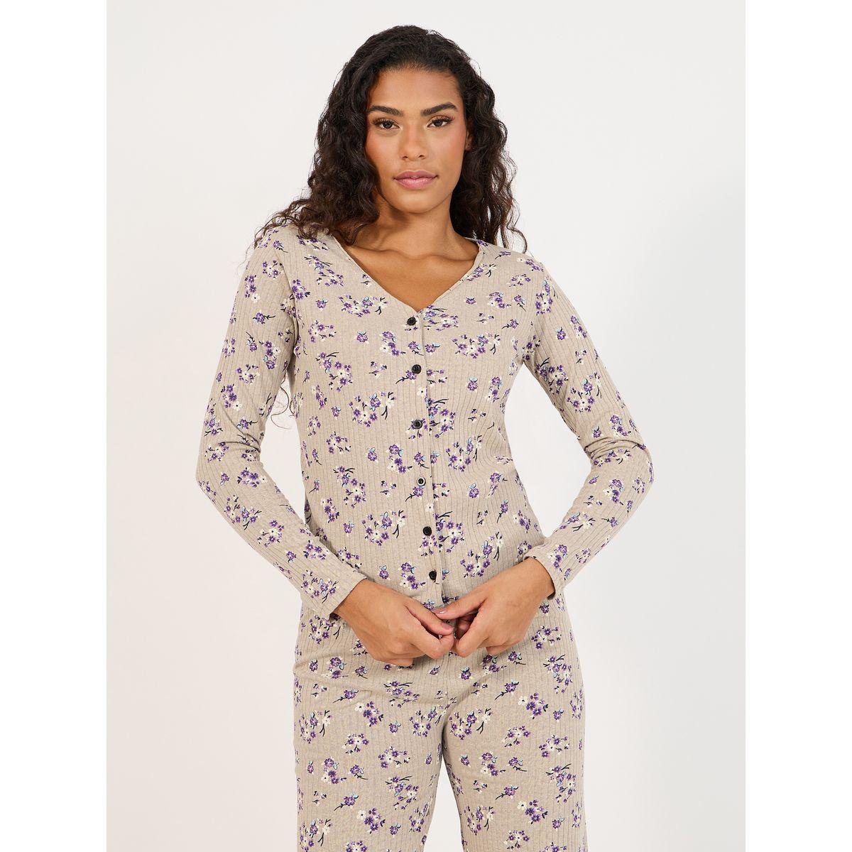 Styli All Over Floral Print Rib Shirt & Pyjama Set-women-clothing-nightwear-pyjamas-longsets-image-2