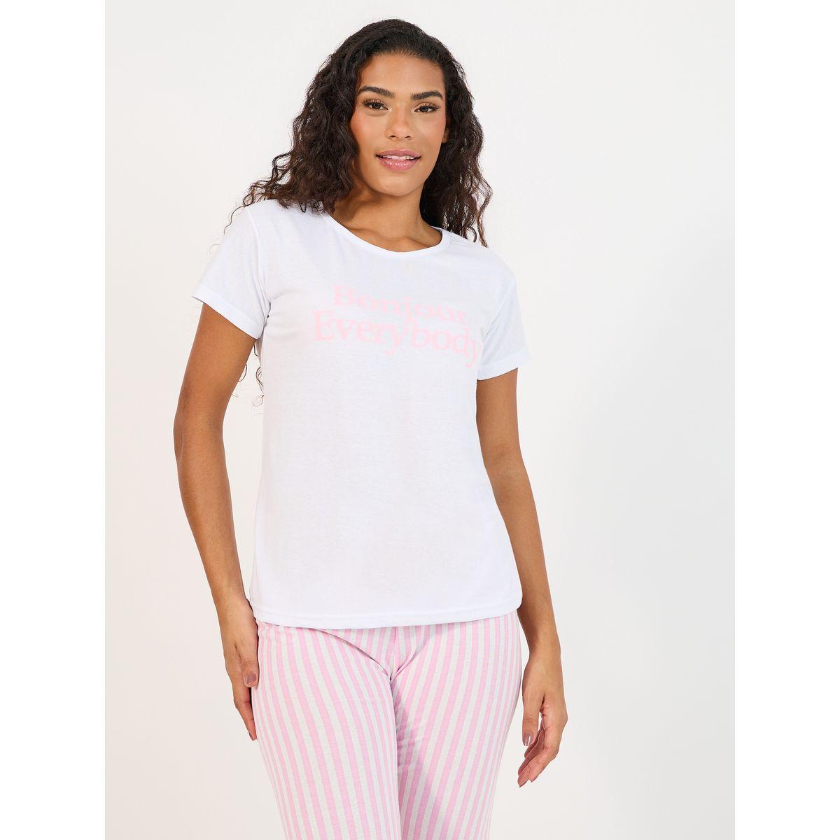 Styli Bonjour Slogan Print T-Shirt, Eyemask & Stripe Pyjama Set-women-clothing-nightwear-pyjamas-longsets-image-2