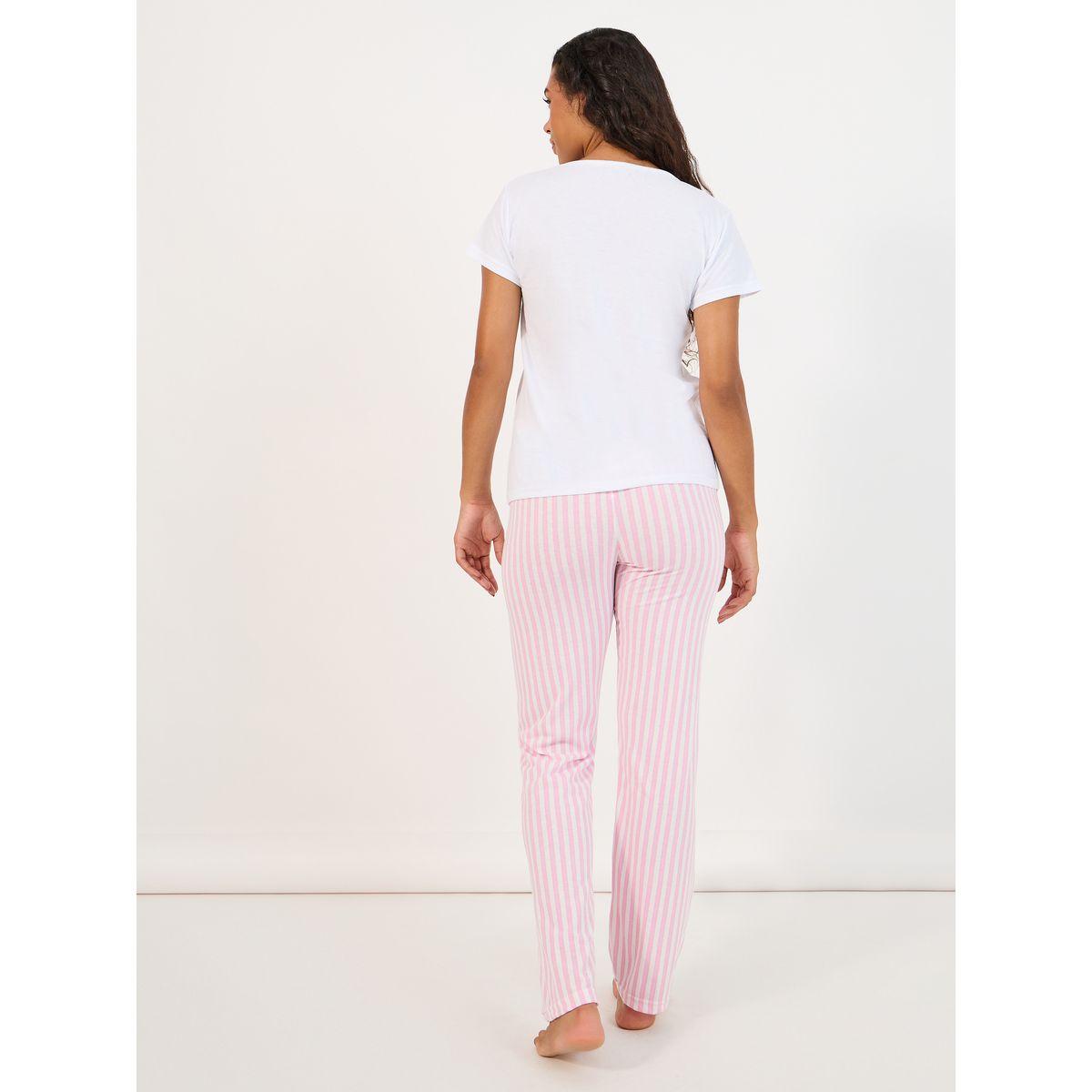 Styli Bonjour Slogan Print T-Shirt, Eyemask & Stripe Pyjama Set-women-clothing-nightwear-pyjamas-longsets-image-5