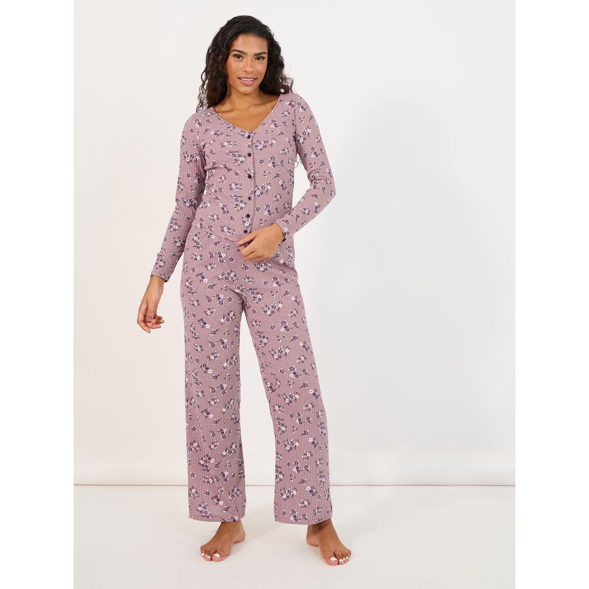 طقم من بنطال بيجاما مع بلوزة مطبعة بالكامل-women-clothing-nightwear-pyjamas-longsets-image-1
