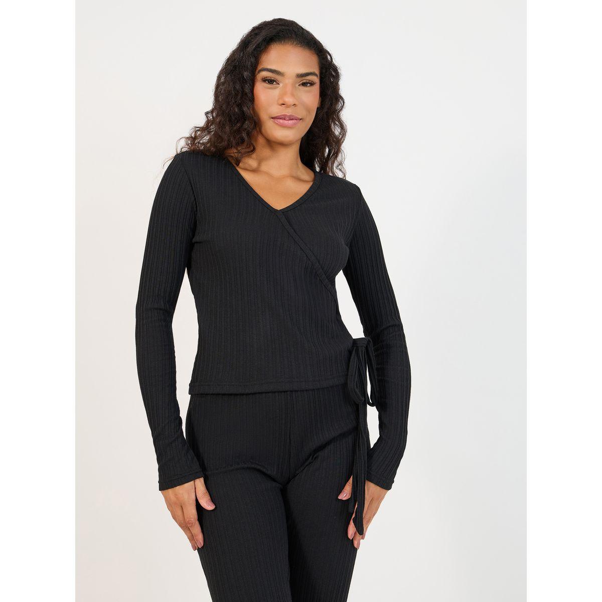 طقم من بنطال واسع مع بلوزة بنمط لف وأربطة-women-clothing-coordsets-image-3