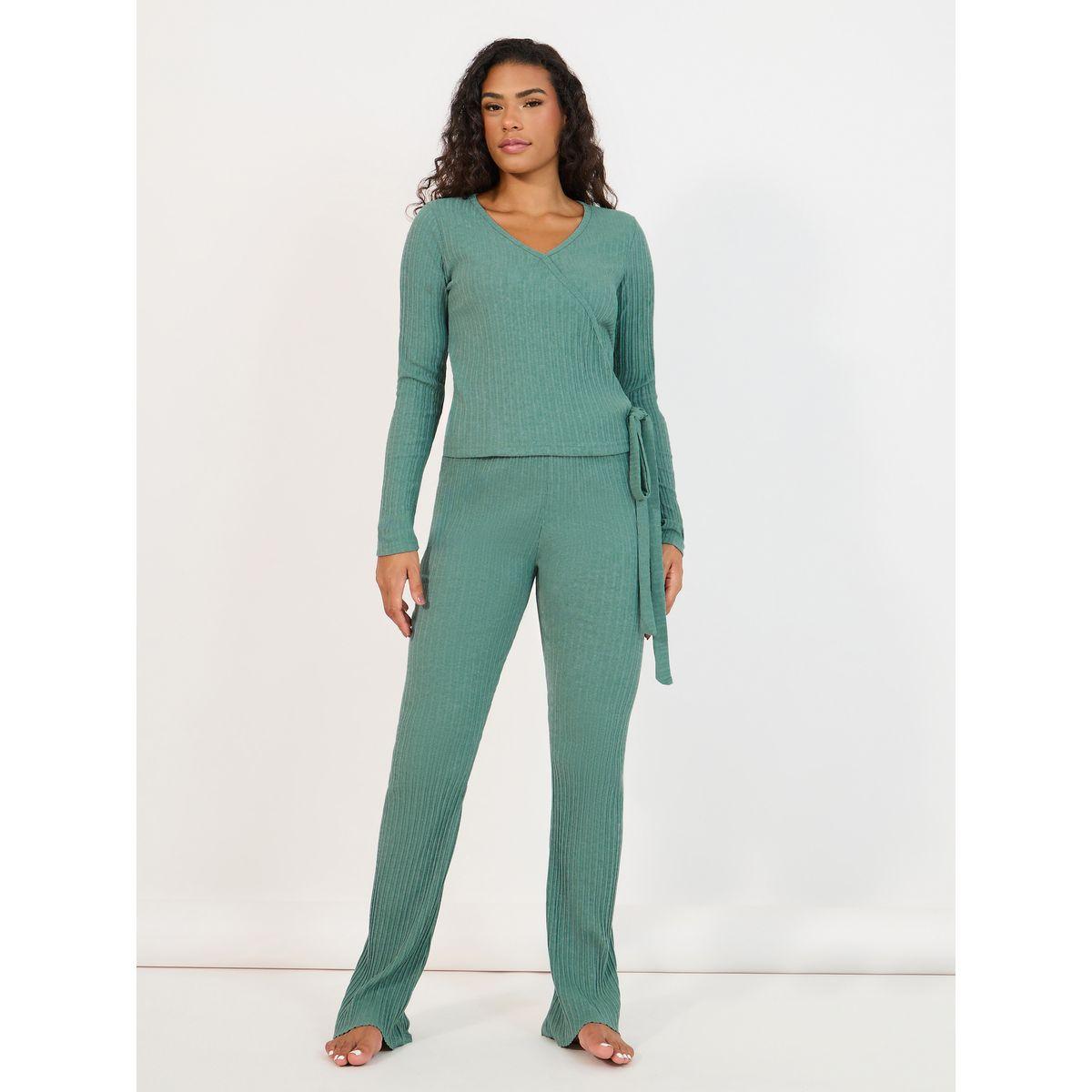 Styli Brushed Rib Wrap Tie Top & Flared Trouser Lounge Set-women-clothing-coordsets-image-1