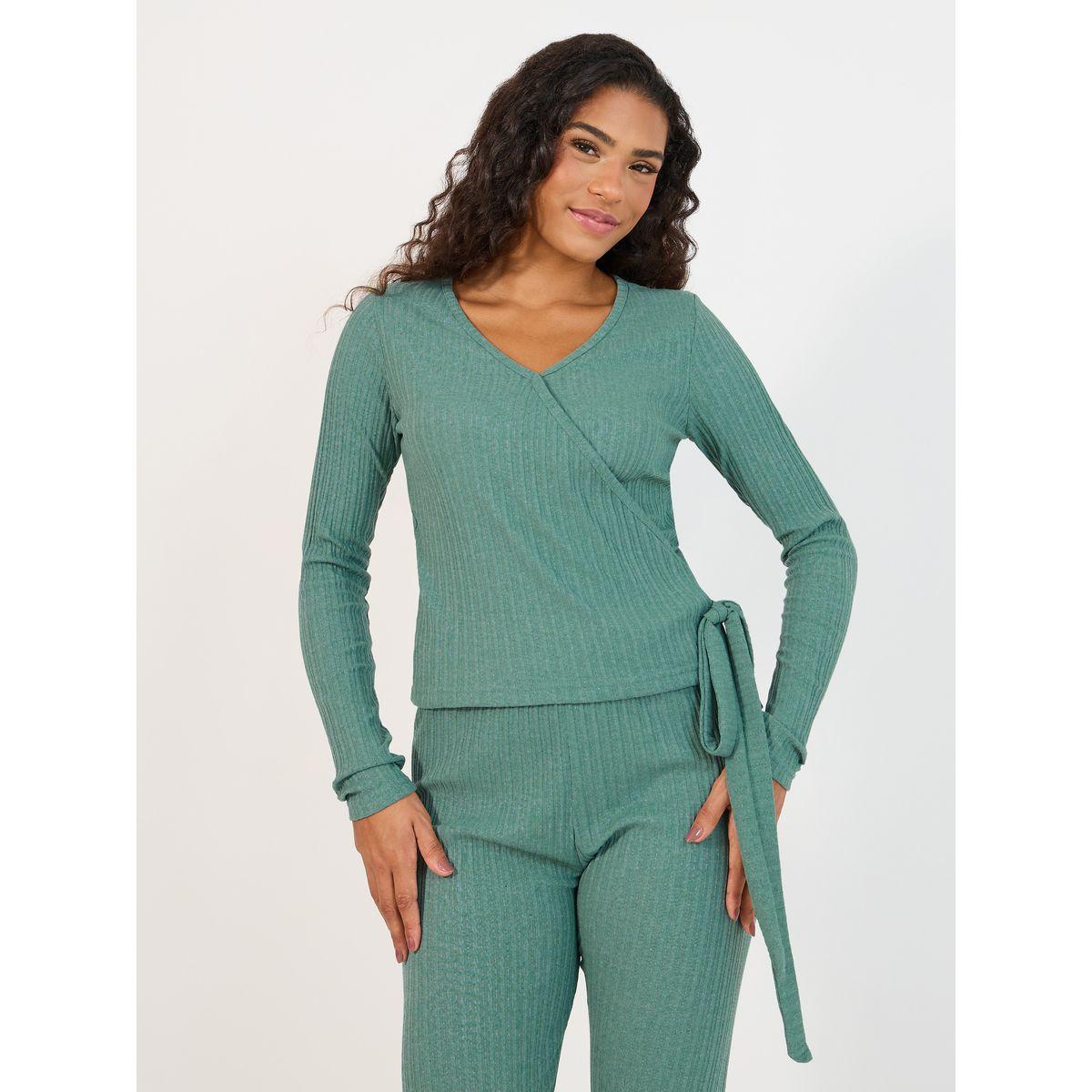 Styli Brushed Rib Wrap Tie Top & Flared Trouser Lounge Set-women-clothing-coordsets-image-2