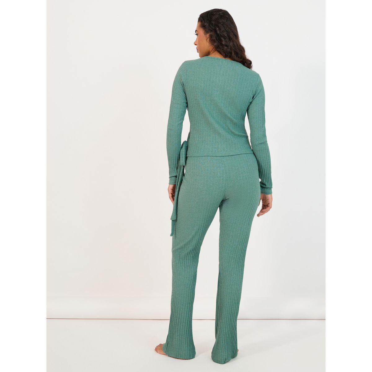 Styli Brushed Rib Wrap Tie Top & Flared Trouser Lounge Set-women-clothing-coordsets-image-4