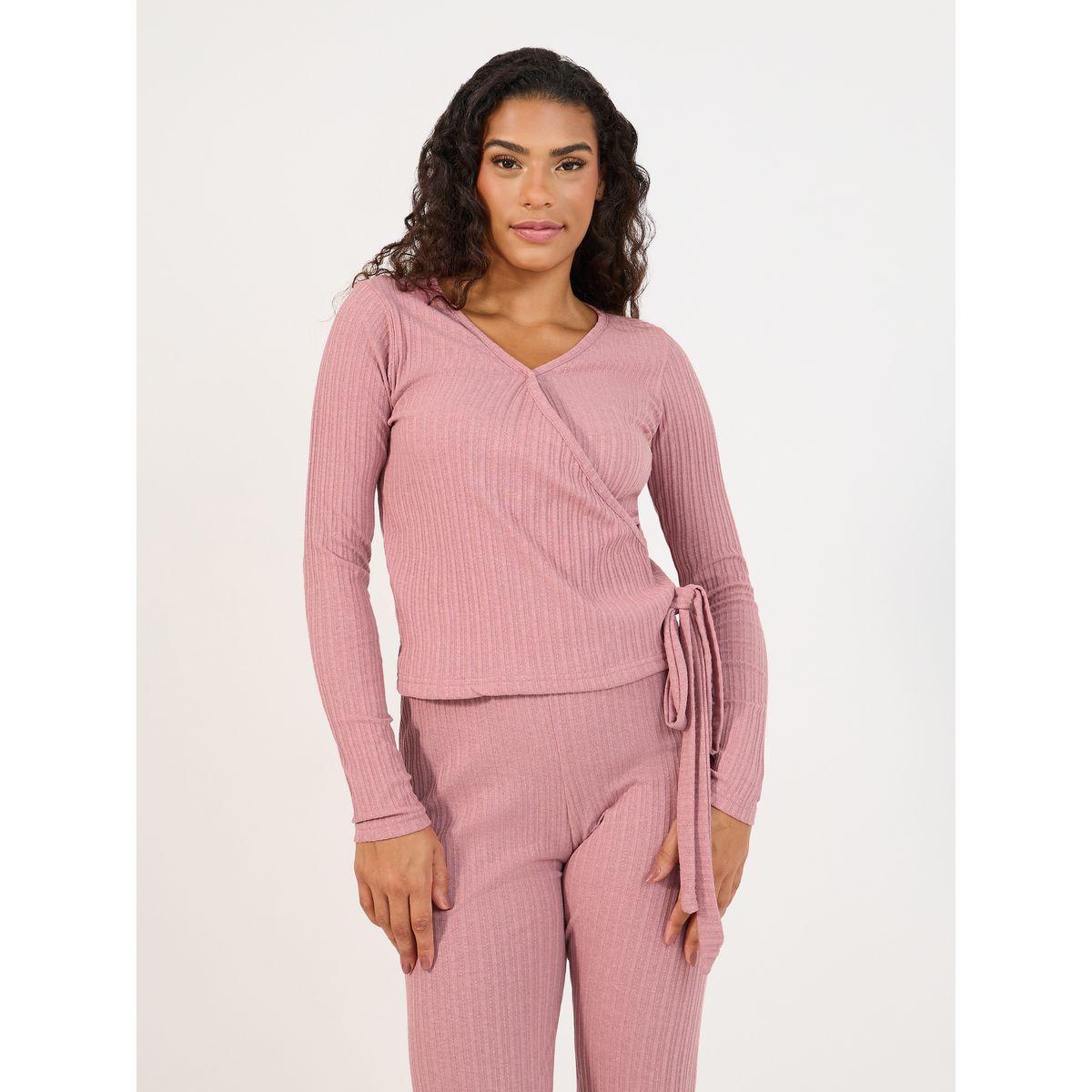 طقم من بنطال واسع مع بلوزة بنمط لف وأربطة-women-clothing-coordsets-image-2