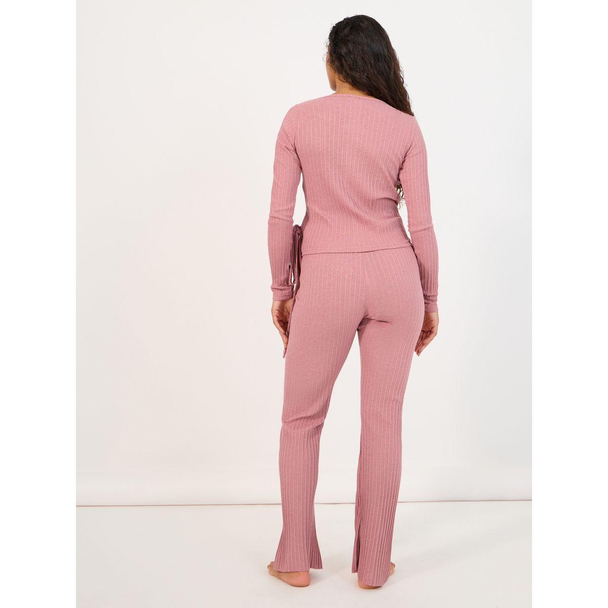 طقم من بنطال واسع مع بلوزة بنمط لف وأربطة-women-clothing-coordsets-image-4