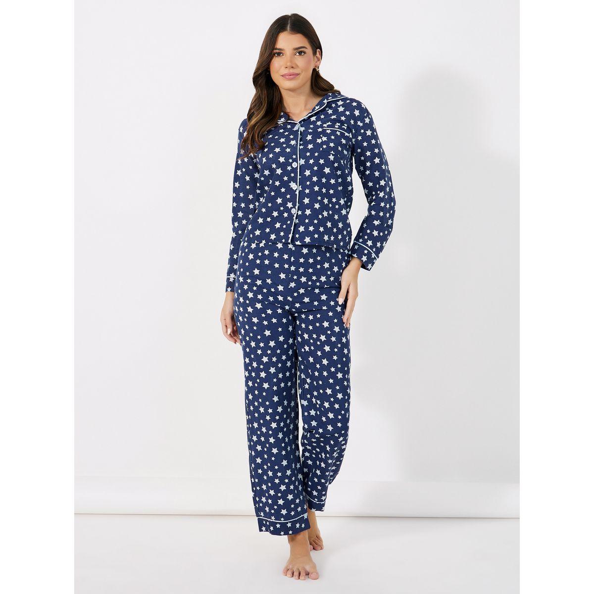 Styli Cotton Linen Star Print Shirt & Pyjama Set-women-clothing-nightwear-pyjamas-longsets-image-1