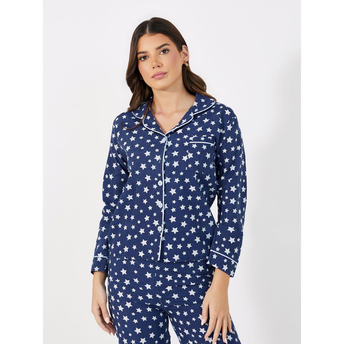 Styli Cotton Linen Star Print Shirt & Pyjama Set-women-clothing-nightwear-pyjamas-longsets-image-2
