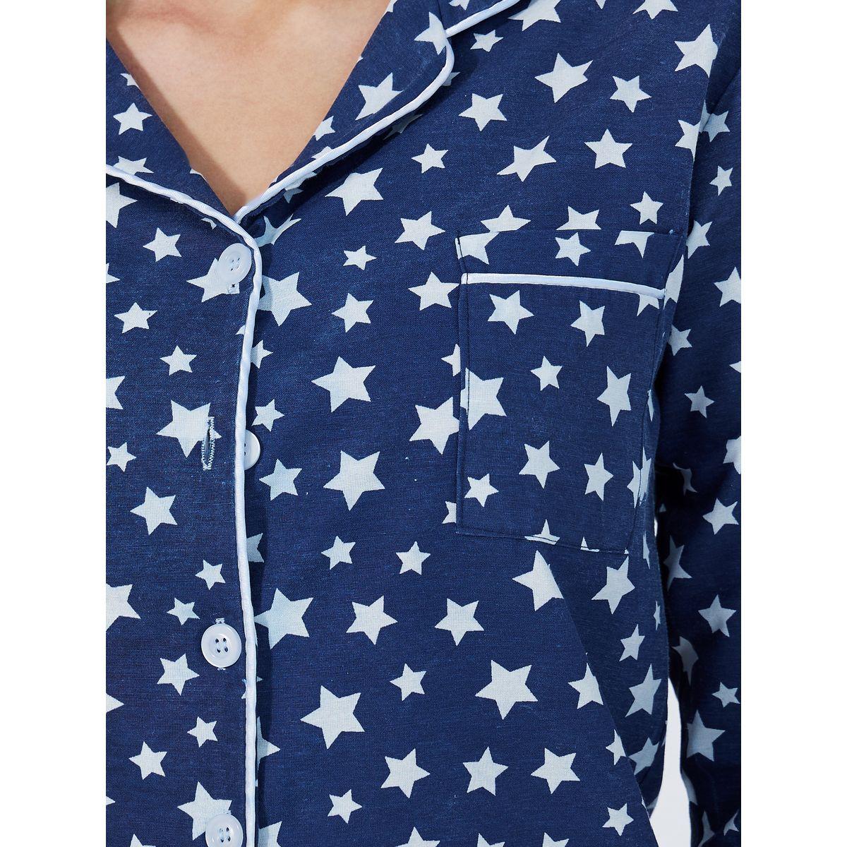 Styli Cotton Linen Star Print Shirt & Pyjama Set-women-clothing-nightwear-pyjamas-longsets-image-3