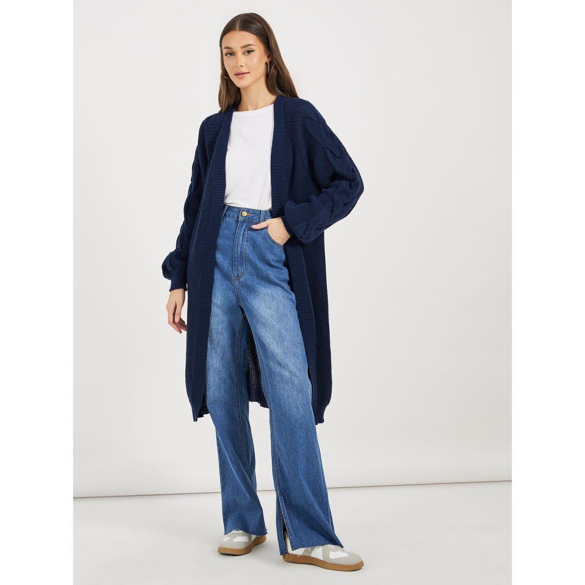 Styli Regular Fit Longline Front Open Cardigan with Cable Knit Sleeves-women-winterwear-cardigansandjumpers-cardigans-image-1