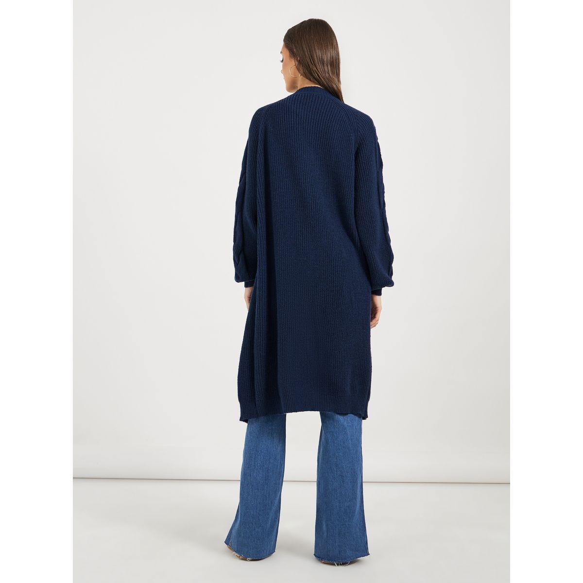 Styli Regular Fit Longline Front Open Cardigan with Cable Knit Sleeves-women-winterwear-cardigansandjumpers-cardigans-image-4