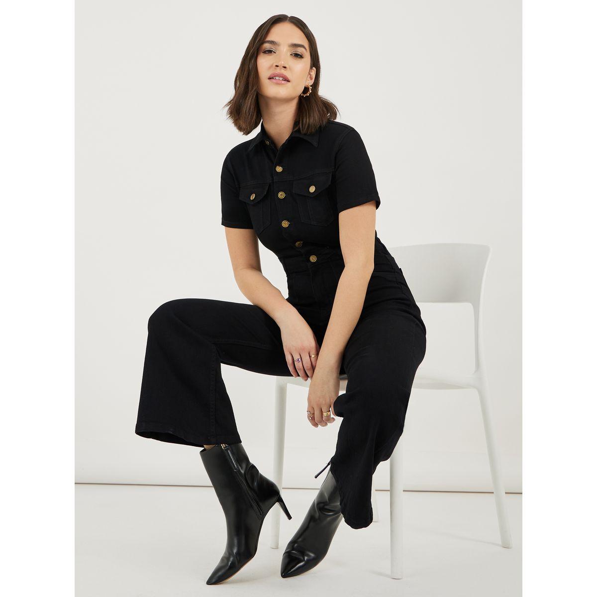 Styli Button Front Detail Flared Denim Jumpsuit-women-clothing-jumpsuits-image-1