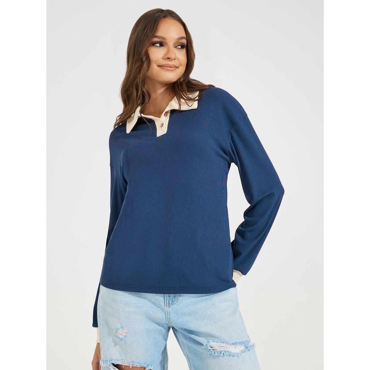 تيشيرت بياقة بولو بتفاصيل مضلعة وأكتاف منخفضة-women-clothing-tshirts-image-1