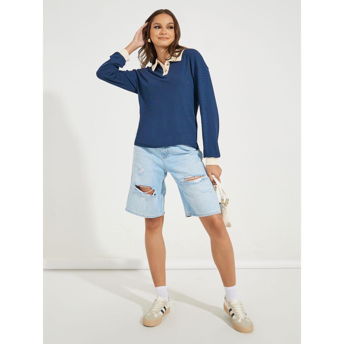 تيشيرت بياقة بولو بتفاصيل مضلعة وأكتاف منخفضة-women-clothing-tshirts-image-2