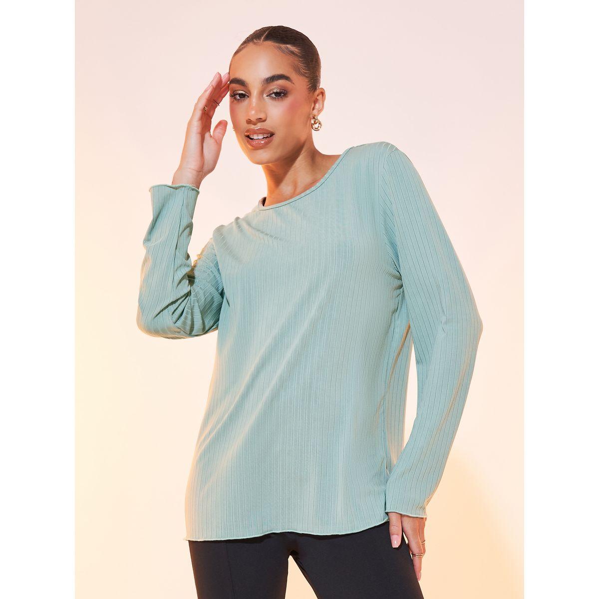 Styli Rib Solid Round Neck T-Shirt with Long Sleeves-women-clothing-tshirts-image-1