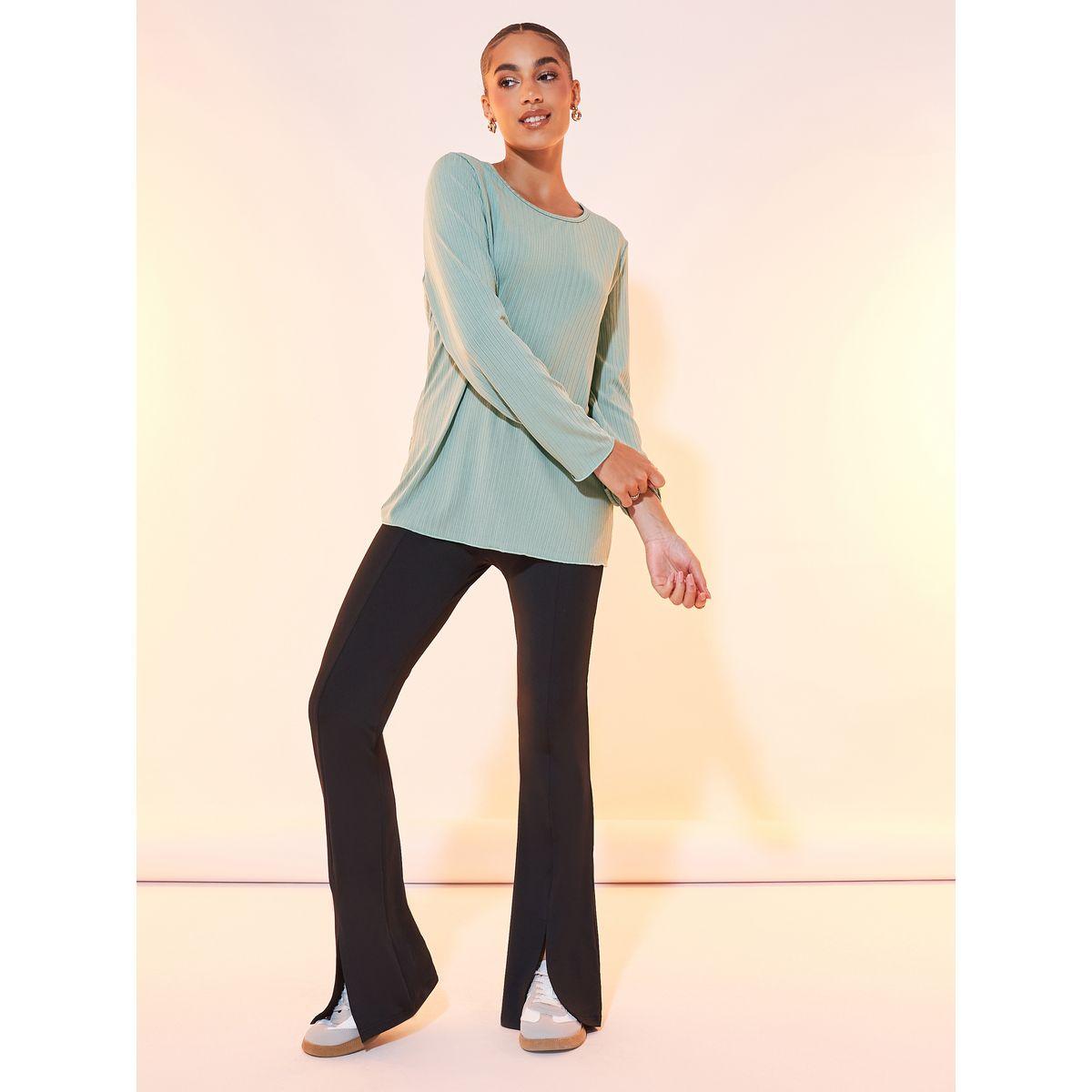 Styli Rib Solid Round Neck T-Shirt with Long Sleeves-women-clothing-tshirts-image-2