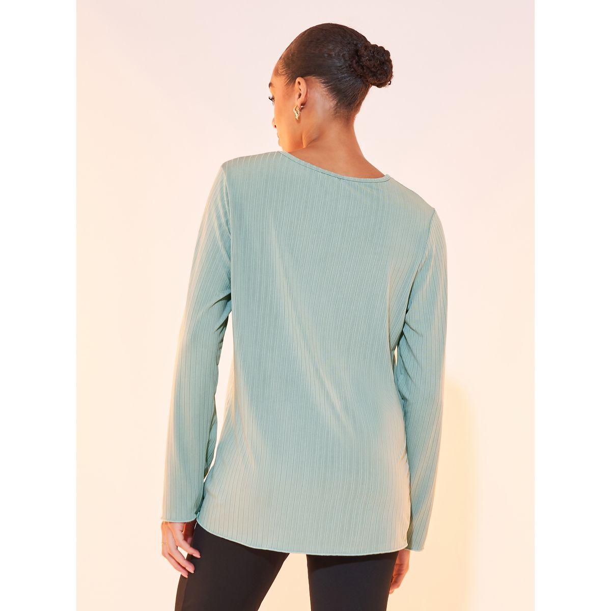 Styli Rib Solid Round Neck T-Shirt with Long Sleeves-women-clothing-tshirts-image-4