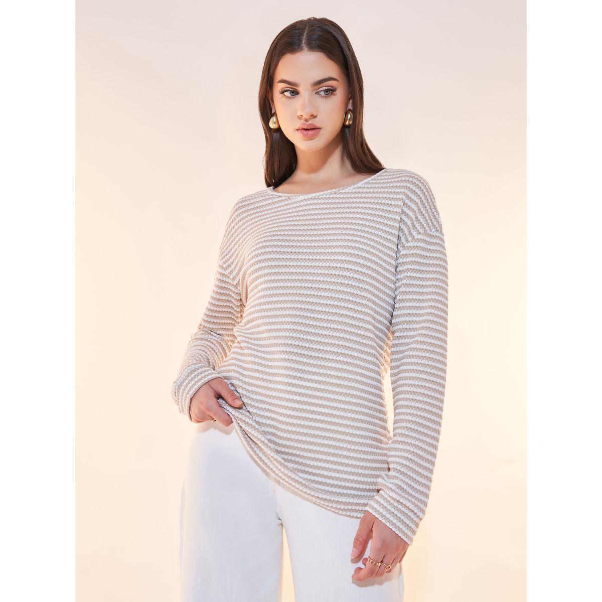 بلوزة مخططة بأكتاف منخفضة وياقة دائرية-women-clothing-shirtsandblouses-blouses-image-1