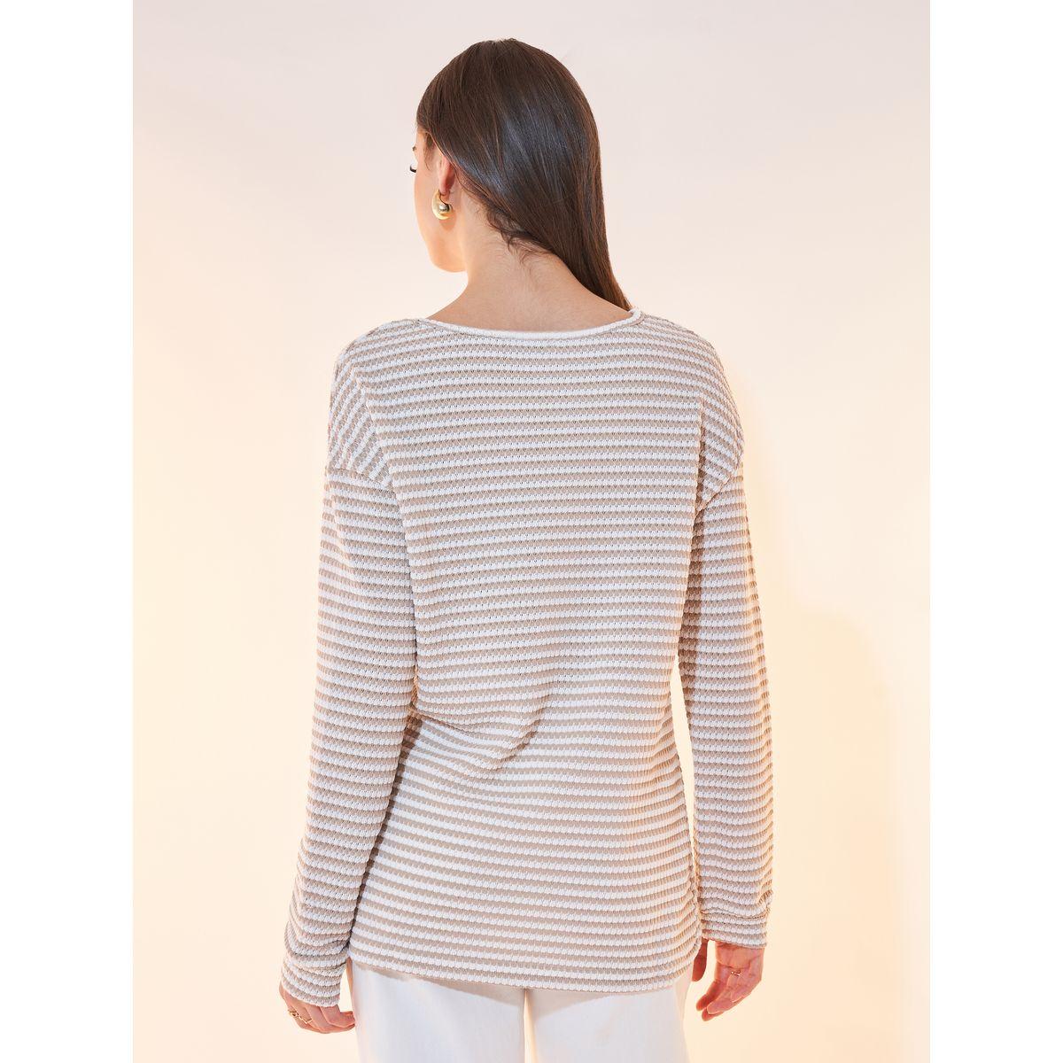 Styli Striped Pattern Dropped Shoulder Textured Knit Top-women-clothing-shirtsandblouses-blouses-image-4