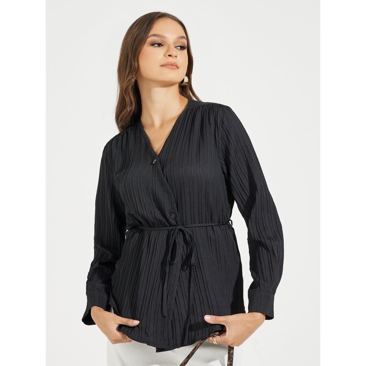 بلوزة بنمط لف وتفاصيل بارزة الملمس مع أكمام طويلة-women-clothing-shirtsandblouses-blouses-image-1