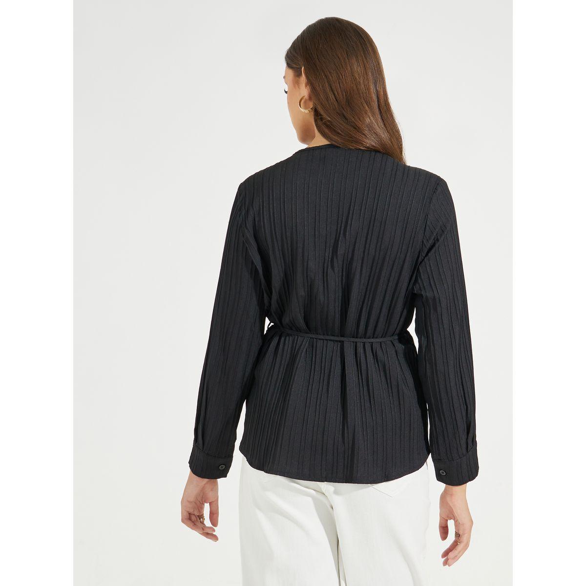 بلوزة بنمط لف وتفاصيل بارزة الملمس مع أكمام طويلة-women-clothing-shirtsandblouses-blouses-image-4