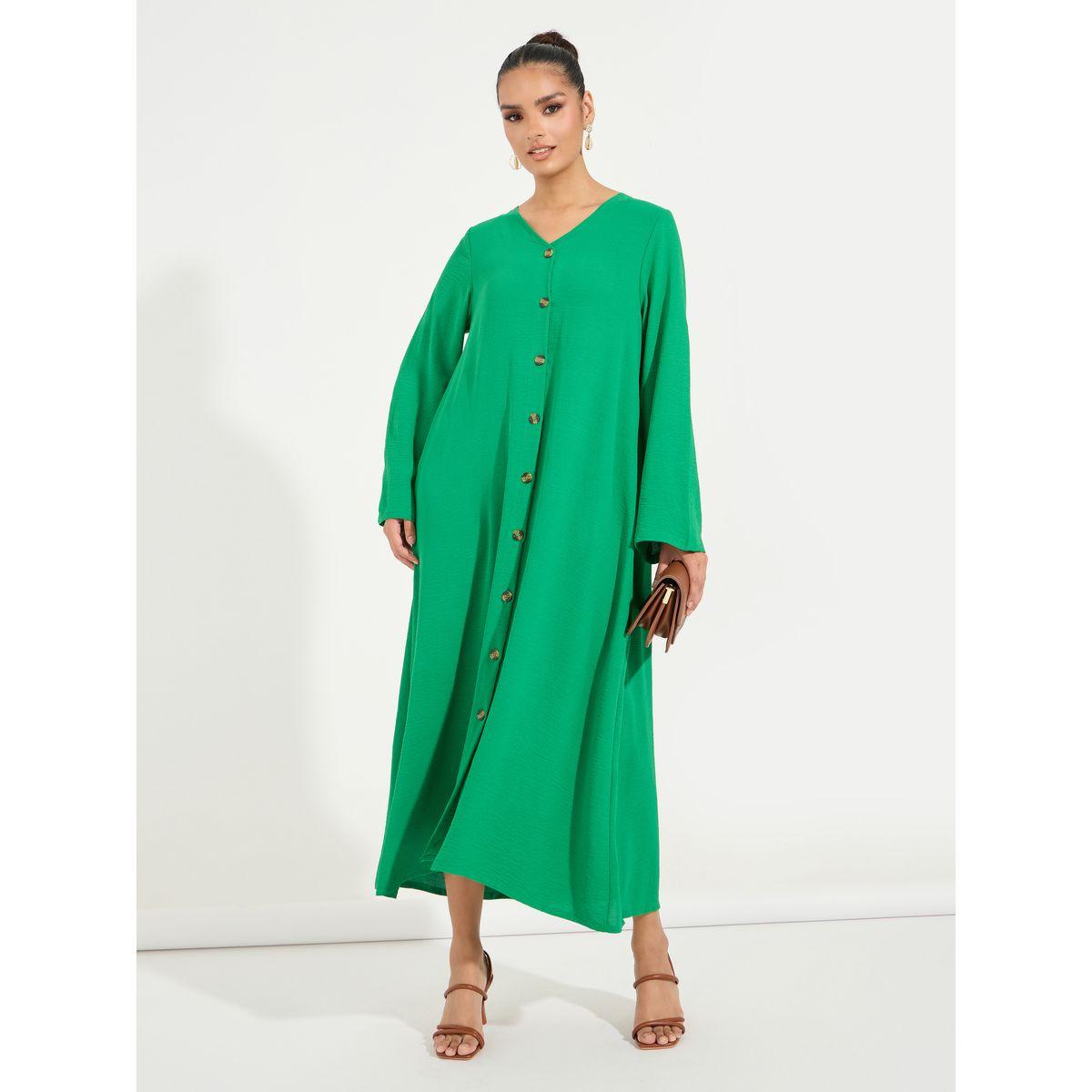 Styli Solid V Neck Button Down Kaftan-women-arabicclothing-kaftan-image-1