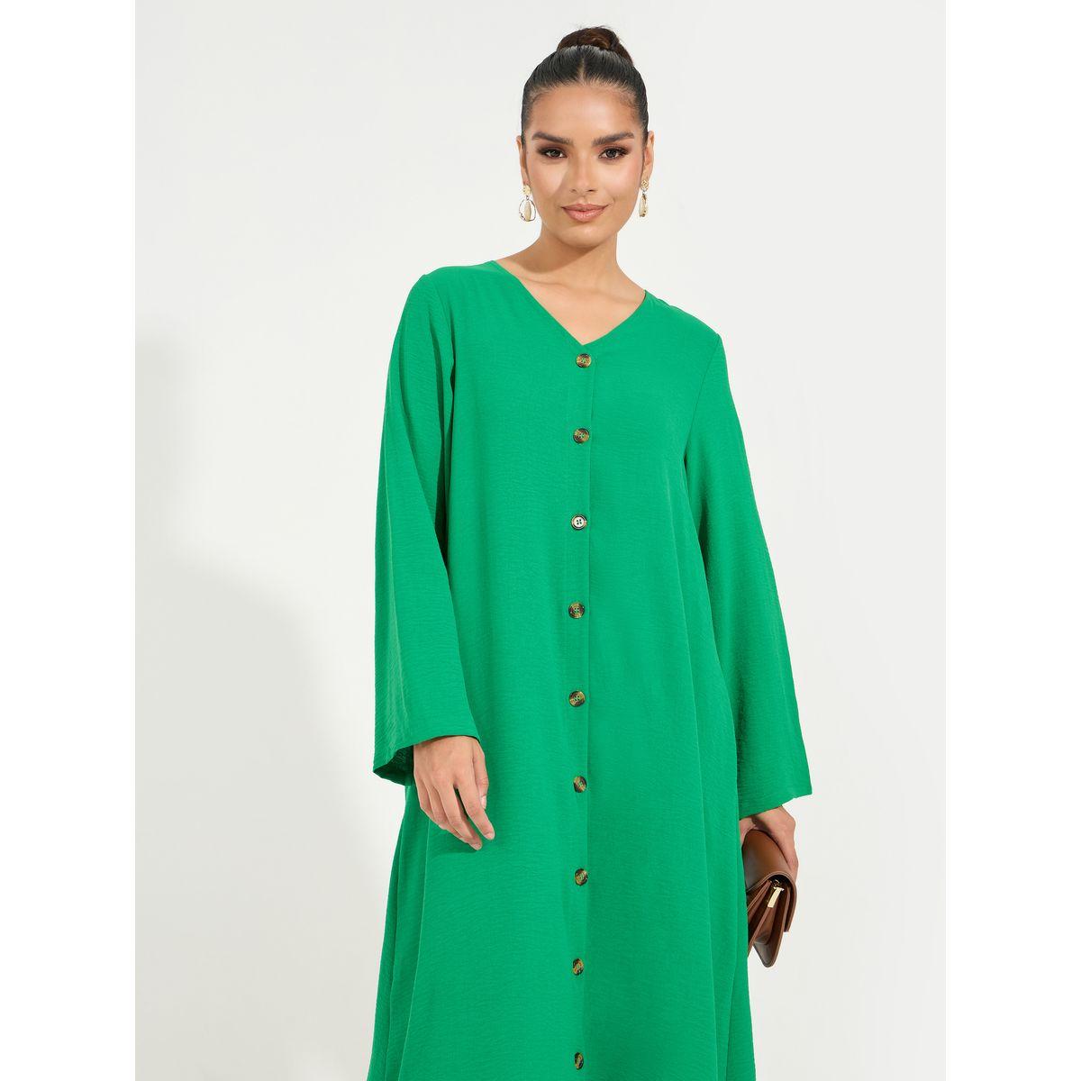 Styli Solid V Neck Button Down Kaftan-women-arabicclothing-kaftan-image-2