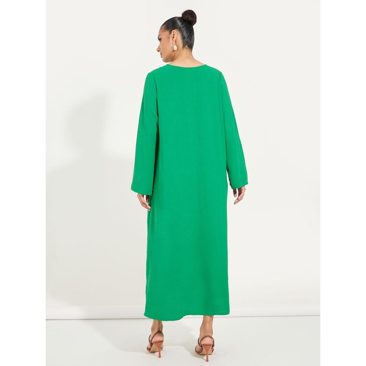 Styli Solid V Neck Button Down Kaftan-women-arabicclothing-kaftan-image-6
