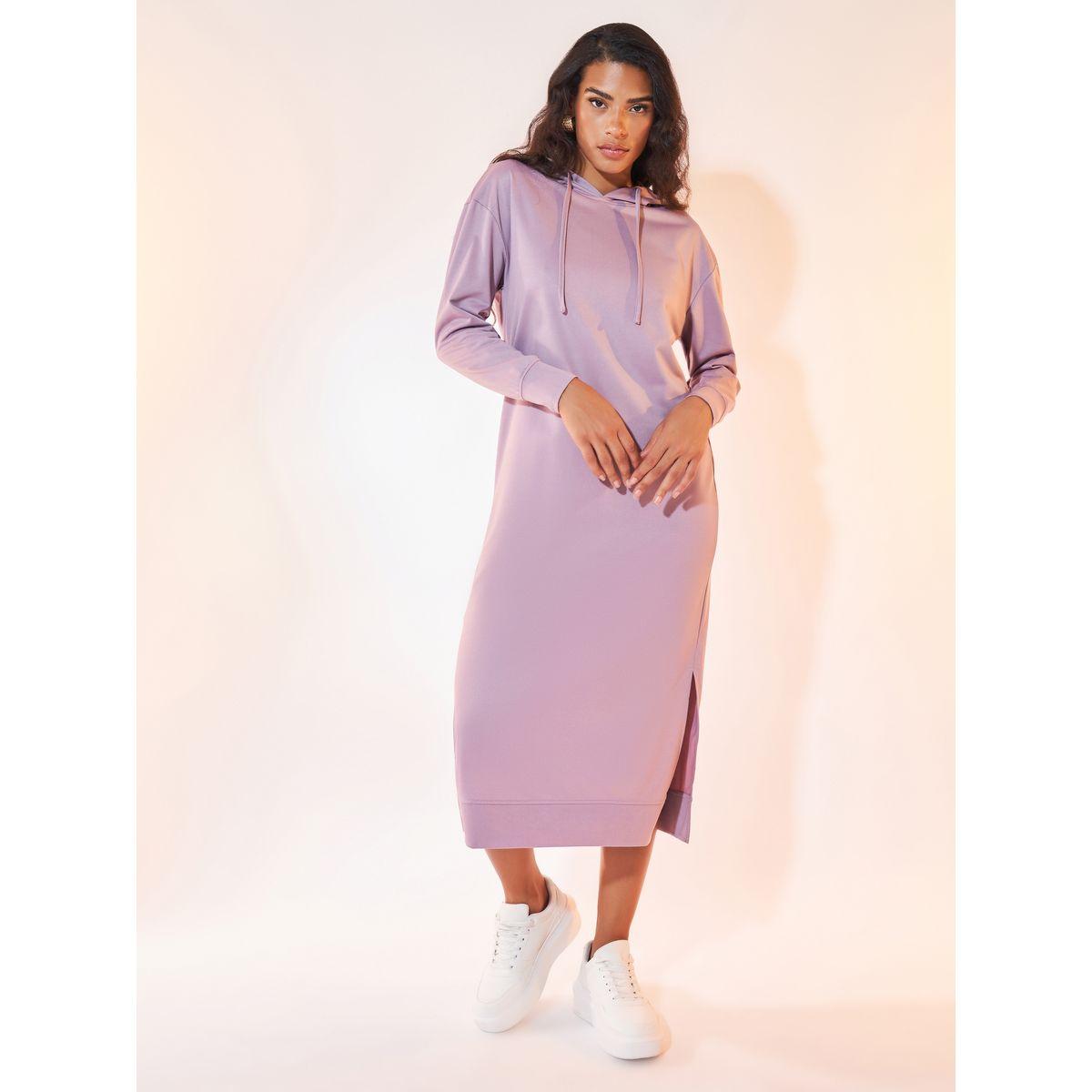 Styli Plain Long Sleeve Hooded Midi Dress with Dropped Shoulder-women-clothing-dresses-image-1