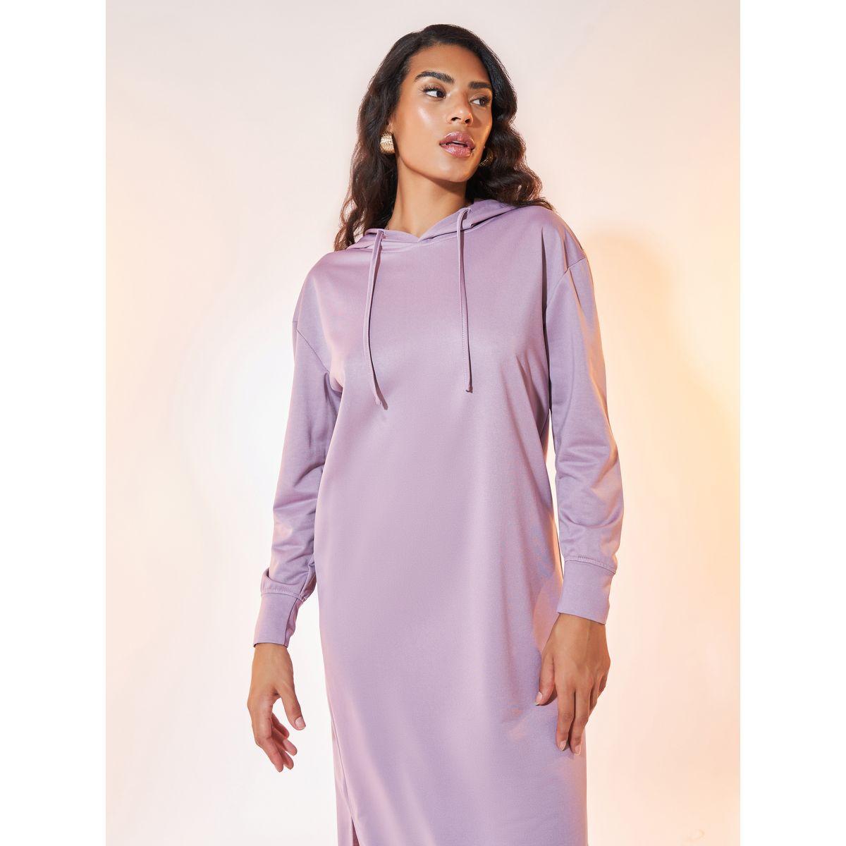 Styli Plain Long Sleeve Hooded Midi Dress with Dropped Shoulder-women-clothing-dresses-image-2
