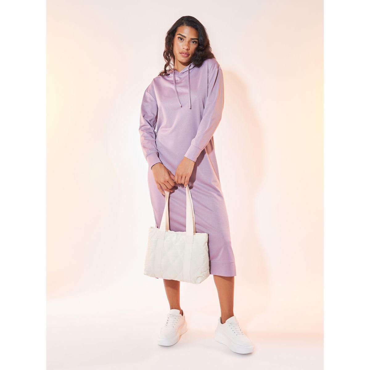 Styli Plain Long Sleeve Hooded Midi Dress with Dropped Shoulder-women-clothing-dresses-image-3