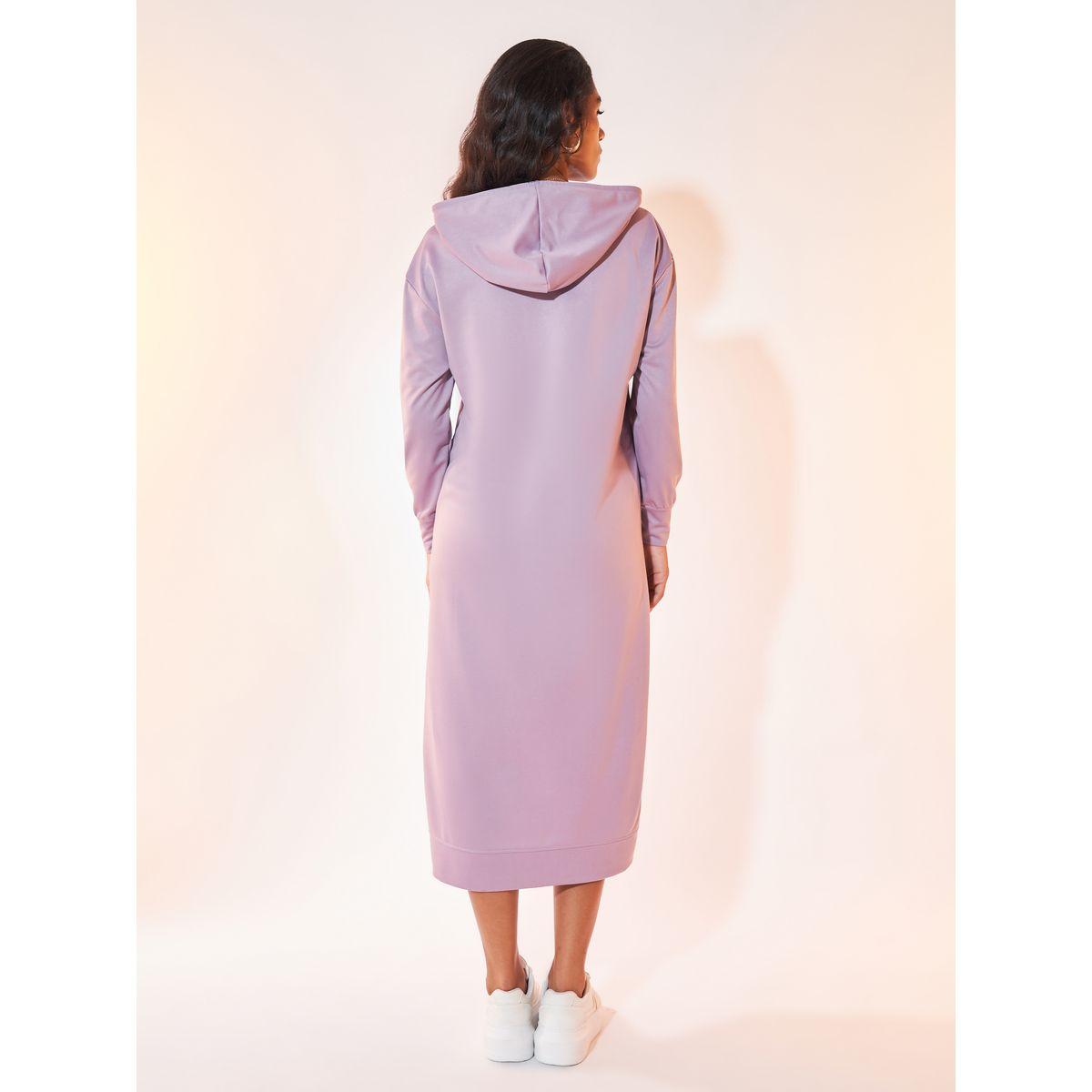 Styli Plain Long Sleeve Hooded Midi Dress with Dropped Shoulder-women-clothing-dresses-image-6