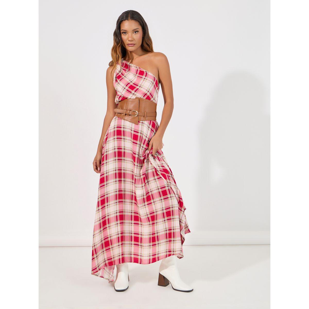 فستان طويل مطبع بمربعات وكتف واحد-women-clothing-dresses-image-1